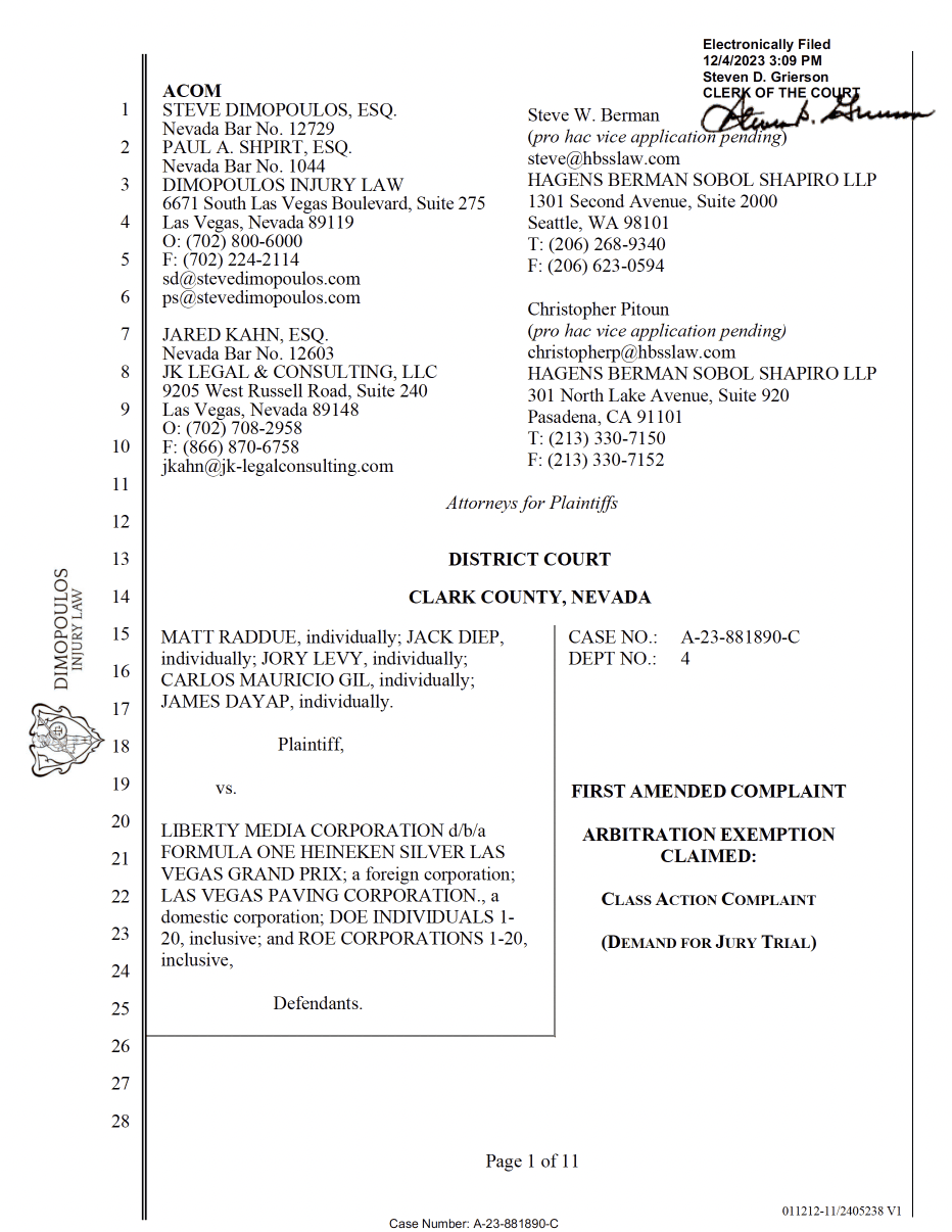 F1 Grand Prix Class Action filed in 2023 by
Dimopoulos Law Firm of Las Vegas, Nevada